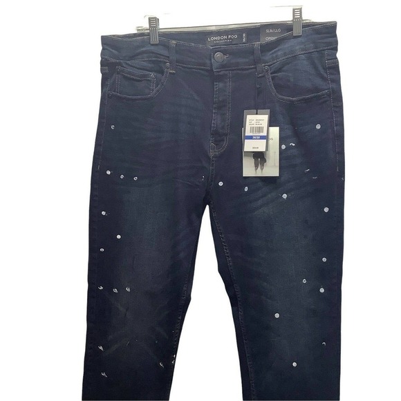 NWT mens london fog collection slim‎ 36x30 dark blue jeans paint splattered dots - Picture 7 of 9